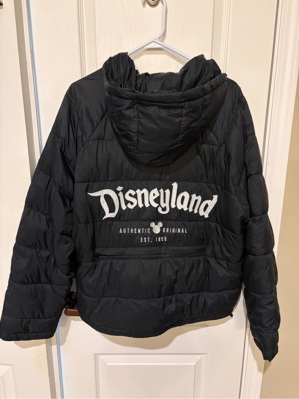 Disney Black Hooded Puffer Jacket with Disneyland Back Logo